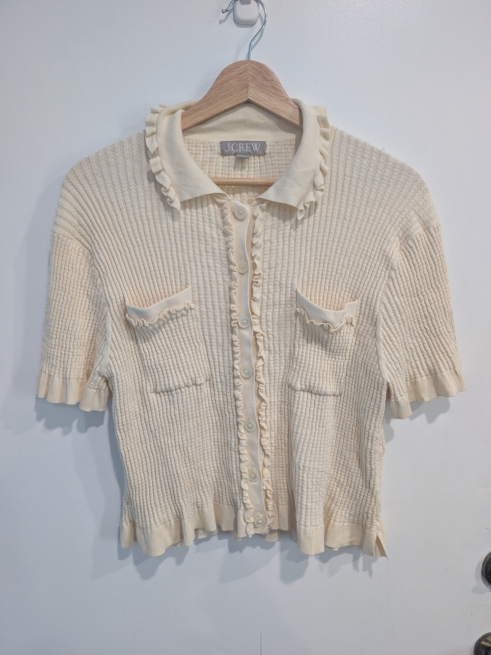 J. Crew Pointelle Ruffle-trim Cardigan Short Sleeve Warm Sesame Size Large - Picture 5 of 6